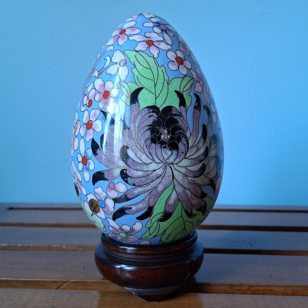 Vintage Chinese Cloisonné Egg on Wood Stand 7" Light Blue Floral Enamel